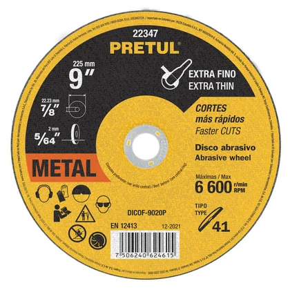 Disco abrasivo de corte preciso metal 9' x 2 mm, PRETUL