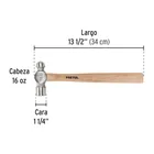 Martillo pulido de bola 16 oz mango madera, PRETUL 3