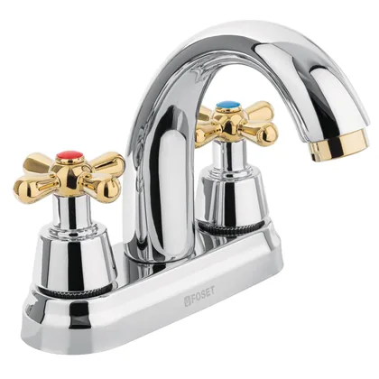 Mezcladora lavabo 4' cromo-oro, nariz curva, cruceta, AQUA
