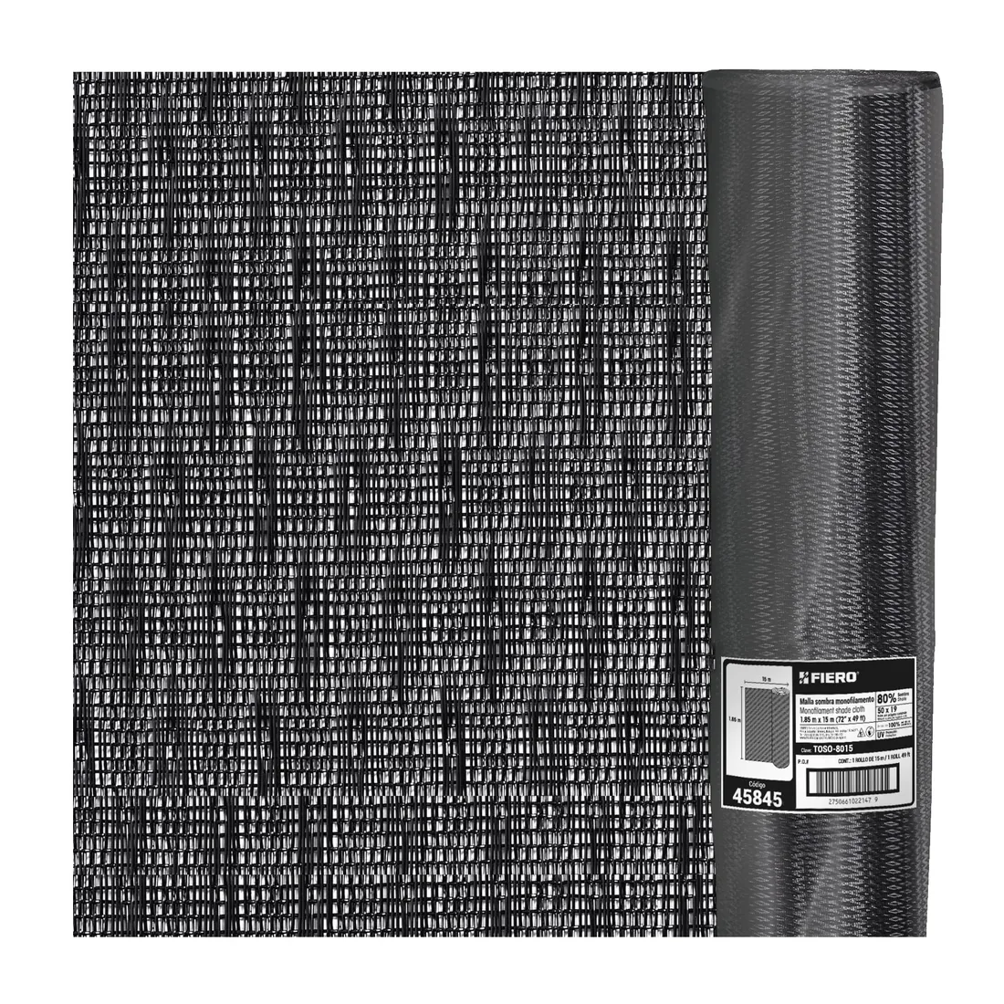 Rollo de malla sombra 80%, monofilamento negro, 1.85m x 50m