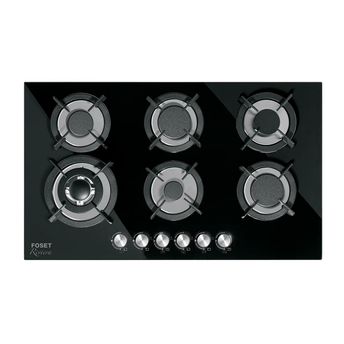 Parrilla gas empotrable 90cm, 6 quem, vidrio negro, RIVIERA