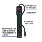 Multicontacto 14 AWG 6 entradas, 2 puertos USB, 850 J, negro 2